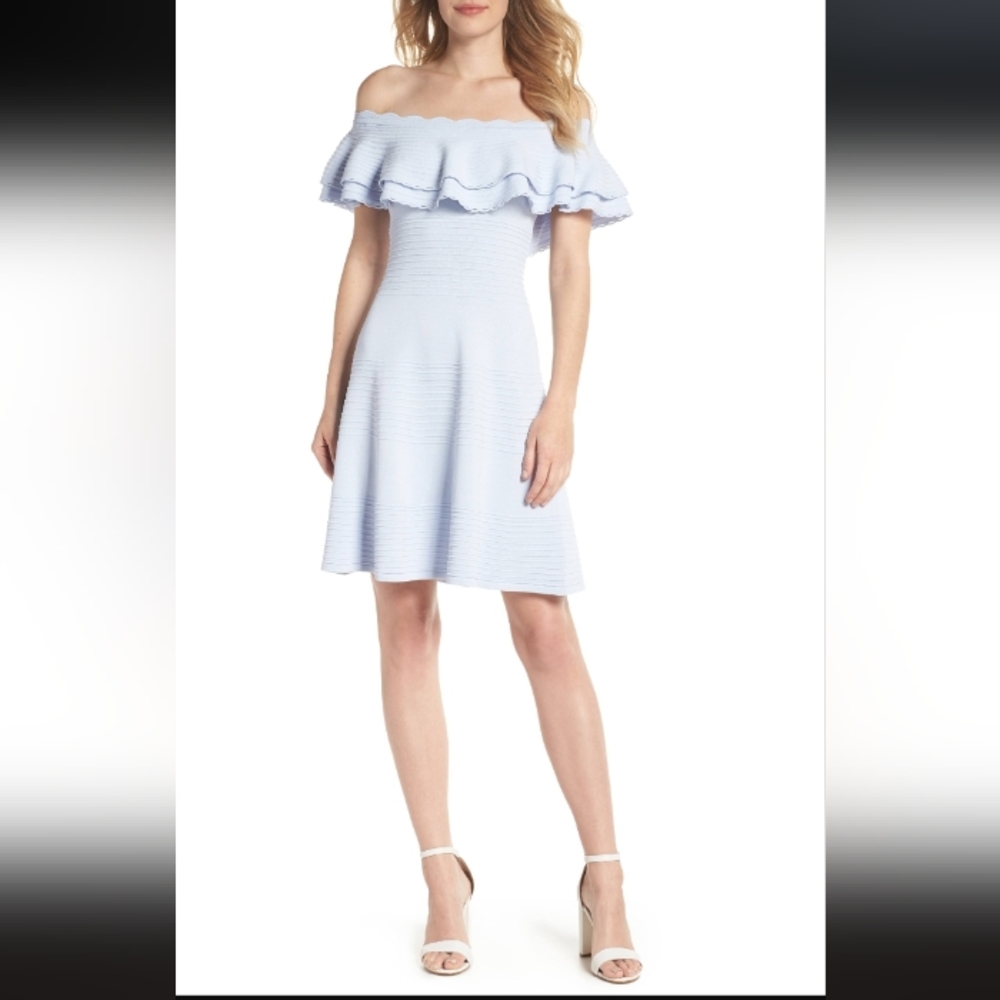 Eliza J.- Baby Blue Knit Off Shoulder Ruffle Dress-L